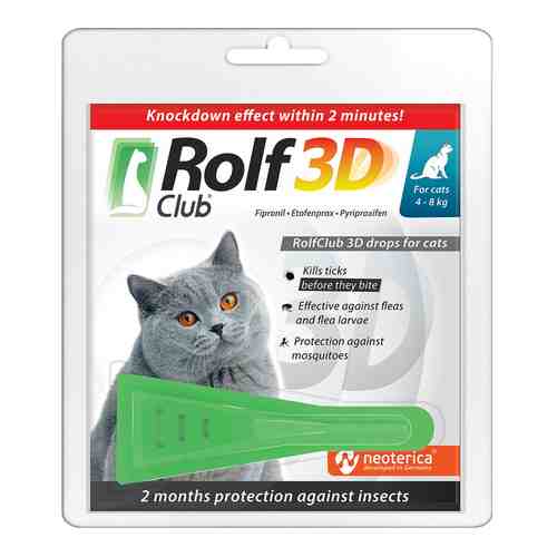 Капли от клещей и насекомых RolfClub 3D для кошек 4-8кг 0.8мл арт. 1198697