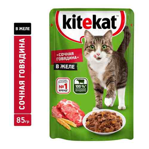 Влажный корм для кошек Kitekat с сочными кусочками говядины в желе 85г арт. 314310
