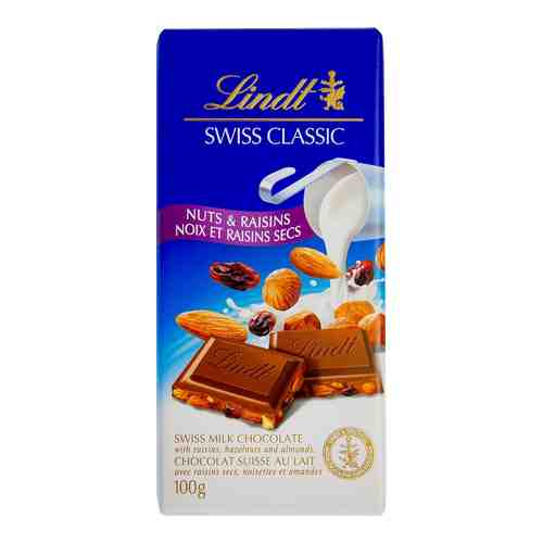 Шоколад Lindt Swiss Classic Молочный Изюм Фундук Миндаль 100г арт. 999800